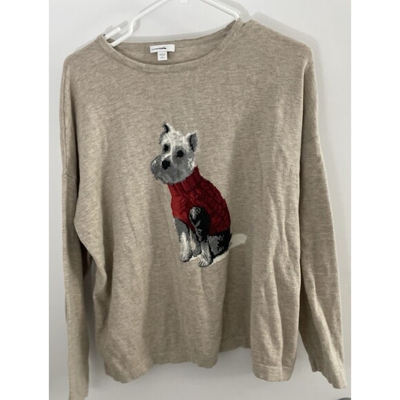 J. Jill Sweater Womens Large petite Beige Scottish Dog Scottie  dog lover LP - Picture 1 of 5